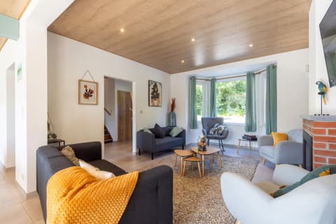 Woonkamer van La Villa Wellness, met donkere zitbank, grijze fauteuils en gashaard